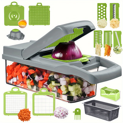 1 Set, 15-in-1 Premium Stainless Steel Vegetable Chopper - Multifunctional Fruit Slicer, Food Grater, Onion Mincer, Potato Shredder with 7 Square Blades, Draining Basket, and Manual Operation for Efficient Kitchen Tasks