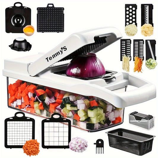 1 Set, 15-in-1 Premium Stainless Steel Vegetable Chopper - Multifunctional Fruit Slicer, Food Grater, Onion Mincer, Potato Shredder with 7 Square Blades, Draining Basket, and Manual Operation for Efficient Kitchen Tasks
